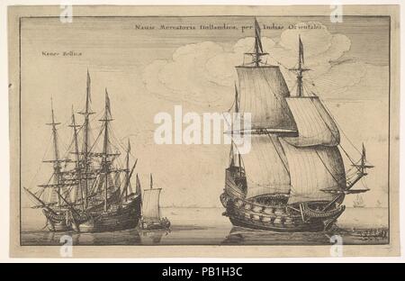 Naues Mercatoriae Hollandicae per Indias Occidentales (Olandese East Indiaman). Artista: Wenceslaus Hollar (boemo, Praga 1607-1677 Londra). Dimensioni: Piastra: 5 11/16 × 9 5/16 in. (14,5 × 23,7 cm) foglio: 6 1/8 x 9 1/2 in. (15,6 × 24,1 cm). Serie/Portfolio: Navium Variae Figurae et Formae (navi olandesi). Data: 1647. Dutch East Indiaman; tre-masted nave con due banche di pistole trainato da piccola barca a destra; due a tre alberi delle navi al di ancoraggio fianco a fianco e la piccola barca a sinistra; città sulla costa si vede nella distanza. Museo: Metropolitan Museum of Art di New York, Stati Uniti d'America. Foto Stock