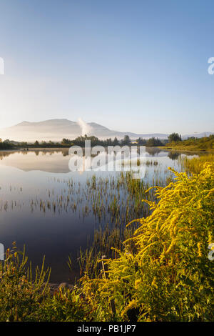La riflessione di ciliegia Montagna in aeroporto Marsh, vicino a Washington Mt aeroporto regionale, in Whitefield, New Hampshire USA una nebbiosa mattina d'estate. Foto Stock
