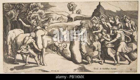 Joseph's cup essendo scoperto a Benjamin il sacco di grano. Artista: Dopo Raphael (Raffaello Sanzio o Santi) (italiano, Urbino Roma 1483-1520); Monogrammist PVO (active ca. 1580-90); dopo Giulio Bonasone (italiano, attivo a Roma e Bologna, 1531-dopo il 1576). Dimensioni: piastra: 5 1/4 x 9 5/8 in. (13,3 x 24,5 cm). Editore: Pietro de' Nobili (italiano, attivo Roma, 1584-85). Data: ca. 1580-90. Museo: Metropolitan Museum of Art di New York, Stati Uniti d'America. Foto Stock