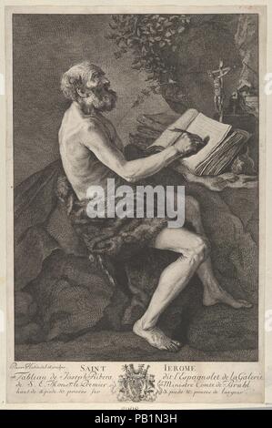 San Girolamo nel deserto, seduto, scrittura e meditando su un crocifisso. Artista: Dopo Jusepe de Ribera (chiamato Lo Spagnoletto) (Spagnolo, 1591-1652 Játiva Napoli); Pierre Hutin (francese, Parigi 1720-1763 Mosca). Dimensioni: foglio: 15 15/16 × 10 7/16 in. (40,5 × 26,5 cm). Data: XVIII secolo. Museo: Metropolitan Museum of Art di New York, Stati Uniti d'America. Foto Stock