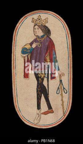 Re di cappi, dal chiostro carte da gioco. Cultura: Netherlandish Sud. Dimensioni: 5 3/16 x 2 3/4 in. (13,2 × 7 cm). Data: ca. 1475-80. I Chiostri set di cinquantadue carte costituisce il solo noto ponte completo di ordinaria illuminata carte da gioco (al contrario di tarocchi) dal XV secolo. Ci sono quattro abiti, ciascuno costituito da un letto king, queen knave e dieci carte pip. La tuta simboli, basata su apparecchiature associate con la caccia, sono corni da caccia, cane collari, hound con cordini e gioco cappi. Il valore delle carte di pip è indicato da appositi ripetizioni del Foto Stock
