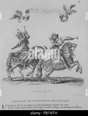 Corsi de testicoli et de Bagues Faittes par Roy et par les Princes et Seigneurs de sa Cour, en l'année 1662. Autore: Scritto da Charles Perrault (francese, Parigi Parigi 1628-1703). Progettista: progettato da Israel Silvestre (francese, Nancy 1621-1691 Parigi); progettato da François Chauveau (francese, Parigi Parigi 1613-1676). Dimensioni: complessivo: 22 13/16 x 17 5/16 x 1 1/8 in. (58 x 44 x 2,8 cm). Incisore: incisi da Gilles Rousselet (francese, Parigi Parigi 1614-1686). Editore: pubblicato da L'Imprimerie Royale , Parigi. Sitter: Ritratto di Luigi XIV Re di Francia (francese, Saint-Germain-en-Laye 1638-1715 Vers Foto Stock