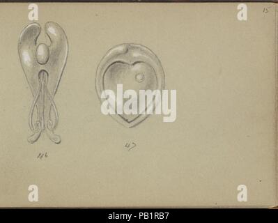 Due gioielli in argento Design. Artista: Edgar Gilstrap Simpson (British, 1867-1945 (presunta)). Dimensioni: foglio: 3 1/2 x 5 in. (8,9 x 12,7 cm). Data: 1899. Due design di gioielli in argento di pezzi, eventualmente spille o punte di stickpins. Il design a sinistra è conformata come una lunga foglia con un a punta divisa. Il secondo progetto è caratterizzato da una forma di cuore vano. Entrambi i modelli sono numerati (numerazione continua da pagina precedente). Museo: Metropolitan Museum of Art di New York, Stati Uniti d'America. Foto Stock