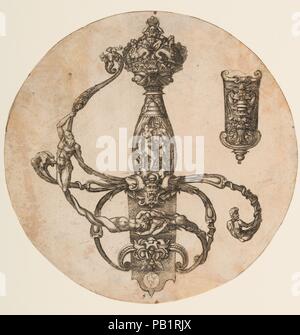 Design per una pinza di Elsa e fodero cappella. Artista: Pierre Woeiriot de Bouzey II (francese, Neufchâteau Damblain 1532-1599). Cultura: francese. Dimensioni: diam. 7 1/2 in. (19,1 cm). Data: 1555. Questa stampa di un riccamente decorate rapier elsa è una bella impressione da una rara serie di piastre di Pierre Woeiriot, un orafo e incisore prolifico. È anche un eccellente esempio di design e ornamentazione di bracci di lusso nella metà del XVI secolo in Francia. L'uso di figure umane, grottesche e strapwork mostra l'influenza del manierismo francese e Fontainebleau stile, che è stato sviluppato Foto Stock