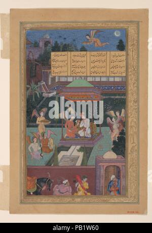 " La storia della principessa del padiglione blu: la Gioventù di rum è divertirsi in un giardino da una Fata e le sue ancelle', Folio da una Khamsa (quintetto) di Amir Khusrau Dihlavi. Artista: dipinto di Manohar (active ca. 1582-1624). Calligrapher: Muhammad Husain (Kashmir active ca. 1560-1611). Dimensioni: H. 9 3/4 in. (24,8 cm) W. 6 1/4 in. (15,9 cm). Poeta: Amir Khusrau Dihlavi (1253-1325). Data: 1597-98. Circa un secolo dopo il poeta persiano Nizami scrisse il suo Khamsa (quintetto), il poeta indiano Amir Khusrau Dihlavi composto una risposta utilizzando Nizami la struttura ma variando le sue storie s Foto Stock