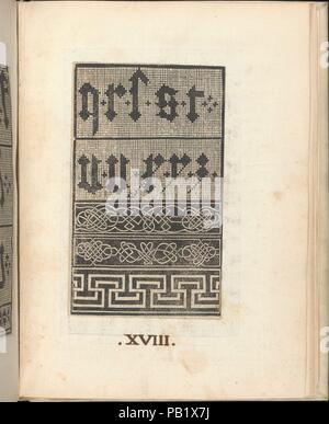 Esemplario di lavori, pagina 17 (verso). Dimensioni: 9 5/16 x 7 1/4 x 15/16 in. (23,7 x 18,4 x 2,4 cm). Pubblicato in: Venezia. Editore: Nicolò Zoppino (italiano, Ferrara 1478/80-1544 Venezia) , Venezia. Data: Agosto 1529. Pubblicato da Nicolo Zoppino, italiano, attivo del XVI secolo, Venezia. Dall'alto al basso e da sinistra a destra: la prima parte dell'alfabeto. Lettere stampate in nero e separati da piccolo nero '+'. Museo: Metropolitan Museum of Art di New York, Stati Uniti d'America. Foto Stock