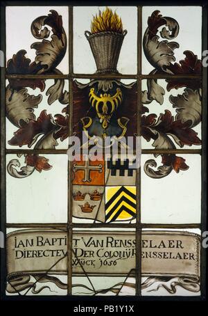 Vetrata. Cultura: American. Dimensioni: incorniciato: 22 3/8 x 15 1/2 in. (56,8 x 39,4 cm). Autore: Evert Duyckinck (ca. 1620-ca. 1700). Data: ca. 1656. Evert Duyckinic è stato uno dei primi artisti in vetro in questo paese. Quando egli emigrò con la sua famiglia a New Amsterdam nel 1638, egli è stato registrato nei documenti storici variamente come un " vetro stainer,' o un 'limner." questa finestra, che è decorato con il Van Rensselaer stemma, era uno dei vari pannelli armorial dato nel 1656 il primo olandese riformata Chiesa protestante di Beverwyck (attuale) di Albany, New York. Il donatore Foto Stock