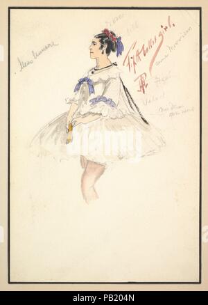 Costume Design per "Quinto Ballet Girl' (corto abito bianco). Artista: Percy Anderson (British, 1850/51-1928 Londra). Dimensioni: Mount: 11 1/16 x 8 1/8 in. (28,1 x 20,6 cm) foglio: 9 15/16 x 6 15/16 in. (25,3 x 17,7 cm). Data: 1901. Progettazione per il costume per "Quinto Ballet Girl' per il gioco "Captain Jinks del cavallo Marines'. "Quinto Ballet girl' viene visualizzato nella vista di profilo rivolto verso sinistra. Indossa una breve white piqué combinato del vestito viola con nastri di seta e lei è in possesso di una ventola dorato. Museo: Metropolitan Museum of Art di New York, Stati Uniti d'America. Foto Stock