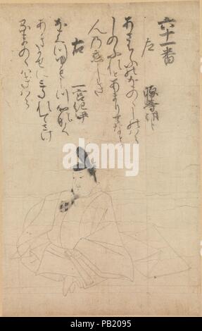 La concorrenza tra i poeti di varie epoche (Jidai fudo uta awase), raffigurante il poeta di Minamoto no Hitoshi. Calligrapher: Calligraphy attribuito a Fujiwara no Nobuzane (giapponese, 1176-1265). Cultura: il Giappone. Dimensioni: Immagine: 11 3/4 x 7 1/2 in. (29,8 x 19,1 cm) complessivo: 57 1/2 x 17 7/8a. (146.1 x 45,4 cm). Data: XIII secolo. Questo scorrimento pensili illustra parte di un immaginario concorso di poesia tra cinquanta poeti del passato. La selezione di poesie dal vecchio antologie e la loro disposizione in 'Concorrenti' coppie è tradizionalmente attribuita all'imperatore Gotoba (1180-1236), forse giapponese Foto Stock