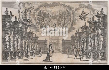 Il cortile di un palazzo con un uomo in piedi al centro circondato da operatori; sopra, una visione di una donna in una scena simile; set design da 'Il Pomo d'Oro". Artista: Mathäus Küsel (Tedesco, 1621-1682); dopo Ludovico Burnacini Ottaviano (italiano, Mantova 1636-1707 Vienna attiva (Austria)). Dimensioni: Foglio (rifilati): 10 1/4 × 17 1/16 in. (26 × 43,3 cm). Data: 1668. Una delle venti-tre scenografie progettate da Lodovico Burnacini per 'Il Pomo d'Oro, Festa teatrale rappresentata a Vienna per l'Augustissime Nozze delle Sacre Cesaree E Reali Maestà di Leopoldo e Margherita", un'opera celebrando Foto Stock