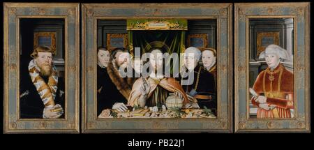 Cristo benedicente, circondato da un donatore familiare. Artista: pittore tedesco (probabilmente attivo di Amburgo e della Bassa Sassonia, 1560 s-80s). Dimensioni: pannello centrale 31 3/8 x 37 5/8 in. (79,7 x 95,6 cm); ciascuna ala 32 x 14 5/8 in. (81,3 x 37,1 cm). Data: ca. 1573-82. Questo trittico, precedentemente attribuito a Ludger tom Ring il giovane, è stato dipinto da un anonimo nord del pittore tedesco. Il donatore familiare rimane non identificato, ma sicuramente acclamato da Amburgo, la città in cui le guglie della chiesa sono mostrati sull'Orb in Cristo la mano. La versi sulla salvezza e vita ultraterrena inscritta sulle compresse al di sopra delle figure ar Foto Stock