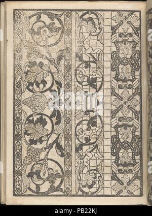 Splendore delle virtuose giovani, pagina 13 (verso). Progettista: Iseppo Foresto (italiano, attivo a Venezia, 1557). Dimensioni: complessivo: 7 1/2 x 5 1/2 in. (19 x 14 cm). Pubblicato in: Venezia. Editore: Jeronimo Calepio , Venezia. Data: 1564. Progettato da Iseppo Foresto, pubblicato da Jeronimo Calepio, Venezia. Dall'alto al basso e da sinistra a destra: Design composto da 3 colonne verticali; il medio e colonne di destra sono stampati su una griglia. La colonna di sinistra è decorata nel centro con un bianco fiore punteggiata che ha 2 steli che la bobina verso l'esterno; questa colonna è incorniciata sulla destra e sulla sinistra da 2 decorate bo Foto Stock