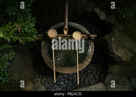 Tsukubai (蹲踞) o di un lavabo all'entrata di Soihoji, Kokedera moss garden a Kyoto. I visitatori si purificano l'acqua prima di entrare. Foto Stock