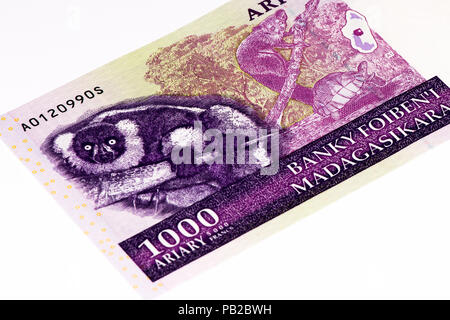 1000' ariary malgascio nota banca del Madagascar. Ariary malgascio è la valuta nazionale del Madagascar Foto Stock