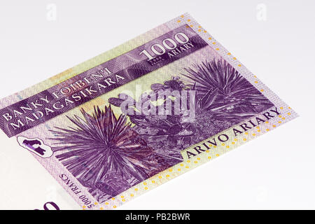 1000' ariary malgascio nota banca del Madagascar. Ariary malgascio è la valuta nazionale del Madagascar Foto Stock