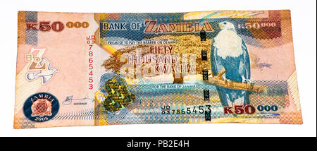 50000 zambiano banca kwach nota. In Zambia Kwacha è la moneta nazionale dello Zambia Foto Stock