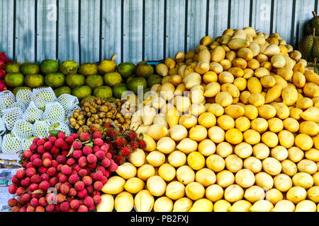 Frutti sulla strada del mercato turistico per, mango, arancione Longkong, Longan, litchi, mela,Dragon frutto Foto Stock