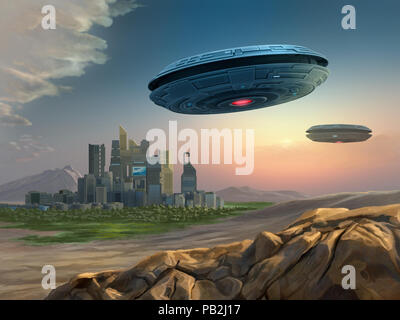 Astronavi aliene che si avvicinano ad un città. Illustrazione Digitale. Foto Stock