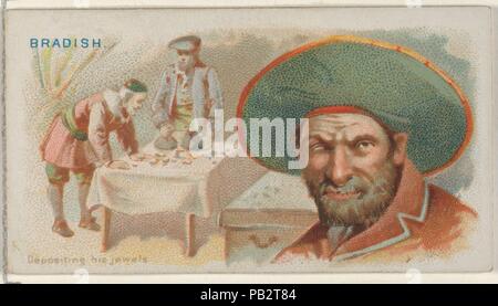 Giuseppe Bradish, depositare i suoi gioielli, da pirati spagnola della serie principale (N19) per Allen & Ginter sigarette. Dimensioni: foglio: 1 1/2 x 2 3/4 in. (3,8 x 7 cm). Litografo: George S. Harris & Sons (American, Philadelphia). Editore: Allen & Ginter (American, Richmond, Virginia). Data: ca. 1888. Scambio di carte da "Pirati della spagnola Main' serie (N19), rilasciato il ca. 1888 in un set di 50 schede per promuovere Allen & Ginter marca di sigarette. Museo: Metropolitan Museum of Art di New York, Stati Uniti d'America. Foto Stock