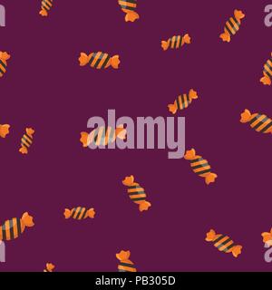 Halloween Candy pattern seamless. Illustrazione Vettoriale. Sfondo di colore viola. Tutti i Santi Eve. Illustrazione Vettoriale