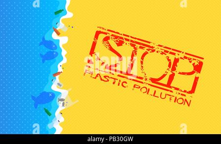 Illustrazione Vettoriale: spiaggia sabbiosa con inondate di rifiuti di plastica. Grunge timbro con testo: Stop inquinamento in plastica. Illustrazione Vettoriale