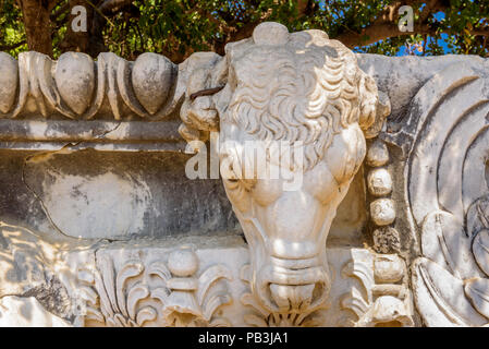 Testa di pietra di Bull al Tempio di Apollo a area archeologica di Didim, Didyma, Aydin Provincia, la Turchia, l'Europa. Foto Stock