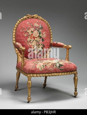 Poltrona (uno di una serie di sei). Cultura: britannico e francese. Designer: Arazzo disegnato da Maurice Jacques (Francese, 1712-1784). Dimensioni: 41 1/2 × 28 1/2 × 27 a. (105,4 × 72,4 × 68,6 cm). Factory: intrecciarsi di fabbricazione Nationale des Gobelins (francese, stabilito 1662). Maker: Workshop di Jacques Neilson (Francese, 1714-1788); John Mayhew (British, 1736-1811); e William Ince (British, active ca. 1758/59-1794, morto 1804). Patrono: commissionato per George William Coventry, 6° Conte di Coventry (Croome corte, Worcestershire, Inghilterra). Data: 1769-71. Museo: Metropolitan Museum of Art, N Foto Stock