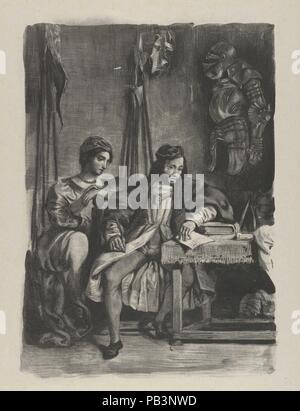 Goetz von Berlichingen scrivere le sue memorie. Artista: Eugène Delacroix (francese, Charenton-Saint-Maurice 1798 - 1863 Parigi). Dimensioni: Immagine: 10 7/16 x 7 9/16 in. (26,5 x 19,2 cm) foglio: 12 7/8 x 10 1/2 in. (32,7 x 26,7 cm). Serie/Portfolio: Goethe, Goetz von Berlichingen. Data: 1836-43. Il soggetto di questa stampa è basato su una scena in Goethe di gioco (pubblicato in tedesco nel 1773; e il francese nel 1823) che racconta la storia della vita di un cavaliere tedesco (1480-1562) che hanno combattuto per riconquistare i privilegi dei cavalieri libero, annullati dall'imperatore Massimiliano I nel 1495. Questa litografia è il quarto Foto Stock