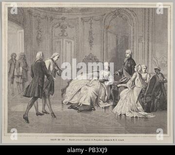 Boucher présenté à Madame de Pompadour (Boucher presentato a Madame de Pompadour) da Le Monde Illustré. Artista: Dopo Édouard Gérard (francese, attivo 1845-1876 Parigi Parigi). Dimensioni: Immagine: 8 1/4 × 10 1/2 in. (21 × 26,7 cm) foglio: 9 5/16 × 11 1/4 in. (23,6 × 28,5 cm.). Incisore: Henry Linton (British, Londra 1815-1899). Oggetto: François Boucher (francese, Parigi 1703-1770 Paris). Data: 29 giugno 1861. Linton's stampa riproduce un dipinto di Gérard che raffigura la introduzione del pittore Fran&#141;çois Boucher di Madame de Pompadour, un membro importante del francese royal court e off Foto Stock