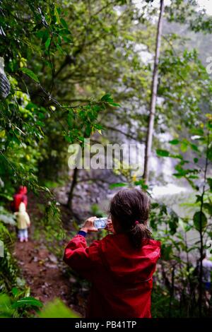 Un bambino di scattare una foto in natura, preziosi momenti Millaa Millaa falls, altopiano di Atherton, QLD, Australia Foto Stock