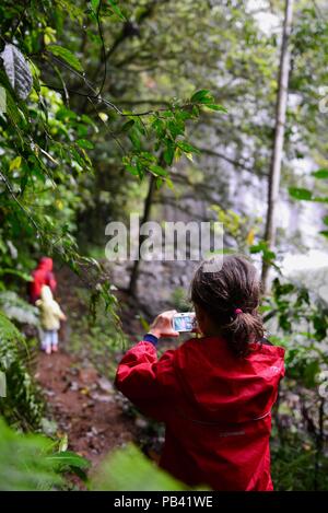 Un bambino di scattare una foto in natura, preziosi momenti Millaa Millaa falls, altopiano di Atherton, QLD, Australia Foto Stock