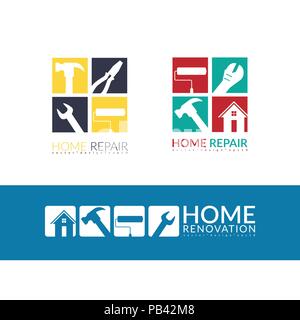 Creative home concetto di riparazione, logo design template isolato su sfondo bianco con spazio per la vostra azienda il testo Illustrazione Vettoriale