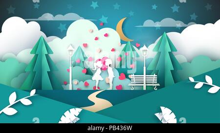 Ragazzo sta baciando la ragazza. Valentines illustrazione della carta. Cartone animato paesaggio. Illustrazione Vettoriale
