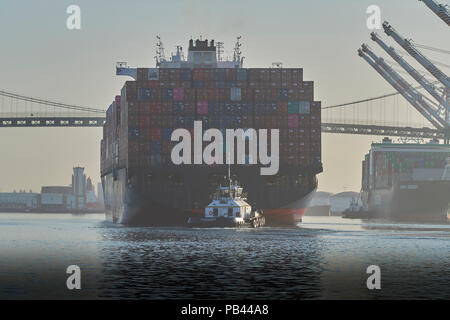 La Yang Ming nave portacontainer, YM unanimità, entra nel Los Angeles canale principale, legato al Porto di Los Angeles, California, USA. Foto Stock