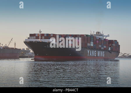 Il Gigante Yang Ming nave portacontainer, YM unanimità, entra nel Los Angeles canale principale, legato al Porto di Los Angeles, California, USA. Foto Stock