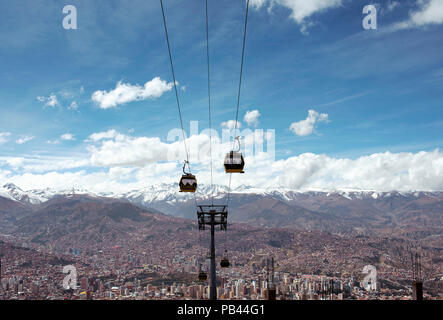 Vista dello Skyline di La Paz dall'El Alto (Altiplano altipiani) con 'Mio Teleferico" (una macchina di cavo rete che opera come trasporti pubblici). Giugno 2018 Foto Stock