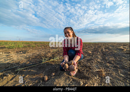 Bella ragazza è raccolta la patata nel campo Foto Stock