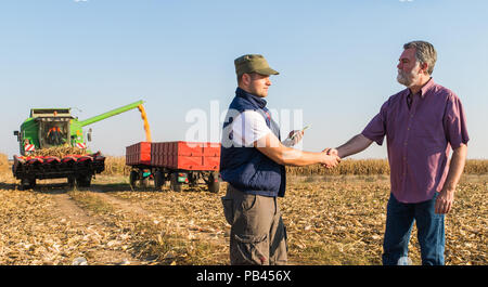Felice agricoltore dopo il raccolto di mais Foto Stock