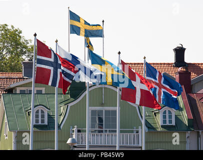 NORDIC bandiera sul polo,Norvegia, Finlandia, Svezia, Danimarca e Islanda 2018 Foto Stock