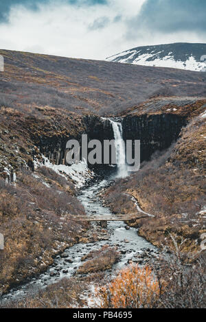 Drammatica vista la mattina del famoso Svartifoss (nero caduta) cascata. Estate colorato sunrise in Skaftafell, Vatnajokull National Park, l'Islanda, l'Europa. Stile artistico post elaborati foto. Foto Stock