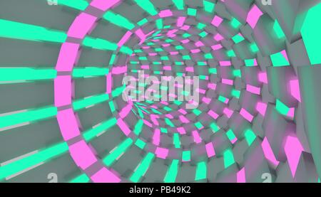 Sci-fi illustrazione di un volo attraverso il tunnel. Tubo al neon 3D render design Foto Stock