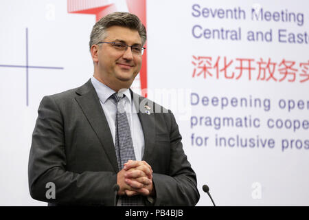 Sofia, Bulgaria - 7 Luglio, 2018: il primo ministro di Croazia Andrej Plenkovic parla durante una conferenza stampa presso il settimo vertice dei capi di Stato e di governo di Foto Stock