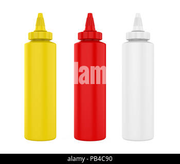 Tomato Ketchup, senape e maionese bottiglie isolato Foto Stock
