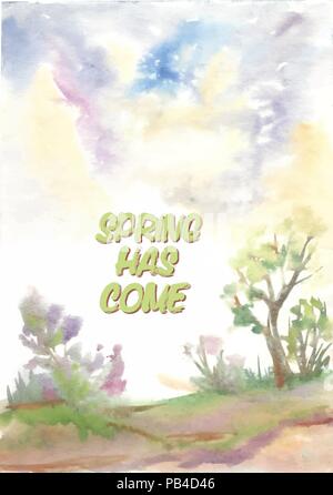 La molla è venuto il vettore scheda. La pittura ad acquerello con caratteri. EPS 10 Illustrazione Vettoriale