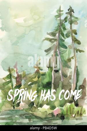 La molla è venuto il vettore scheda. La pittura ad acquerello con caratteri. EPS 10 Illustrazione Vettoriale