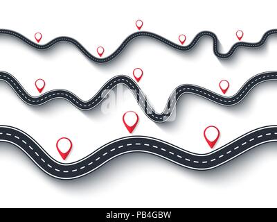 Viaggio su strada e il cammino percorso. Seamless strade tortuose su un bianco sfondo isolato con il pin dei puntatori. EPS vettoriali 10 Illustrazione Vettoriale