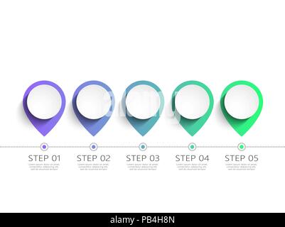 Moderno 3D Una infografica modello con 5 passi.Map con il pin dei puntatori. Business modello di cerchio con opzioni per brochure, diagramma, timeline.EPS vettoriali 10 Illustrazione Vettoriale