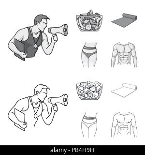 Personal trainer, insalata di frutta, mat, femmina in vita. Fitnes set di icone di raccolta in profilo,monocromatico vettore stile simbolo illustrazione stock . Illustrazione Vettoriale