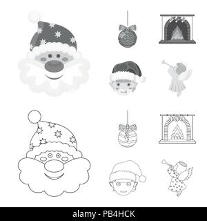 Santa Claus, nana, camino e contorno di decorazione,icone monocromatiche in set di raccolta per il design. Vettore di Natale simbolo illustrazione stock. Illustrazione Vettoriale