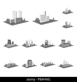 Fabbrica e impianto icone monocromatiche in set di raccolta per il design. Produzione e enterprise vettore simbolo isometrica stock illustrazione. Illustrazione Vettoriale